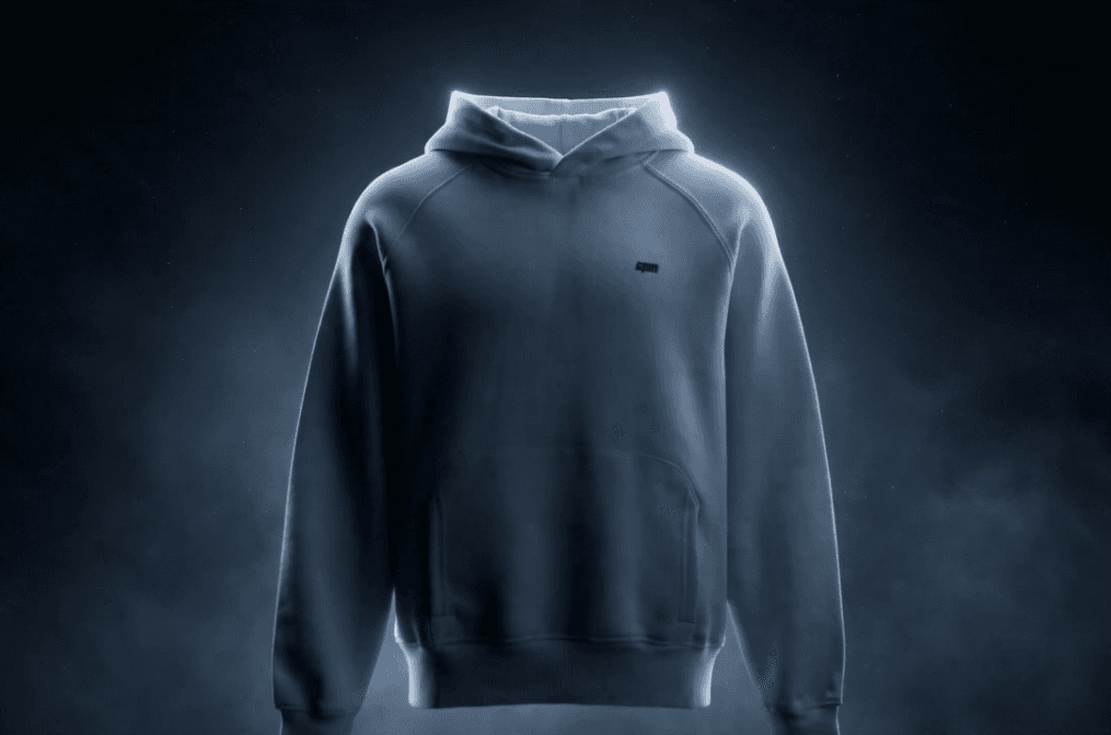 Light ice-blue oversized hoodie photographed flat against a white background