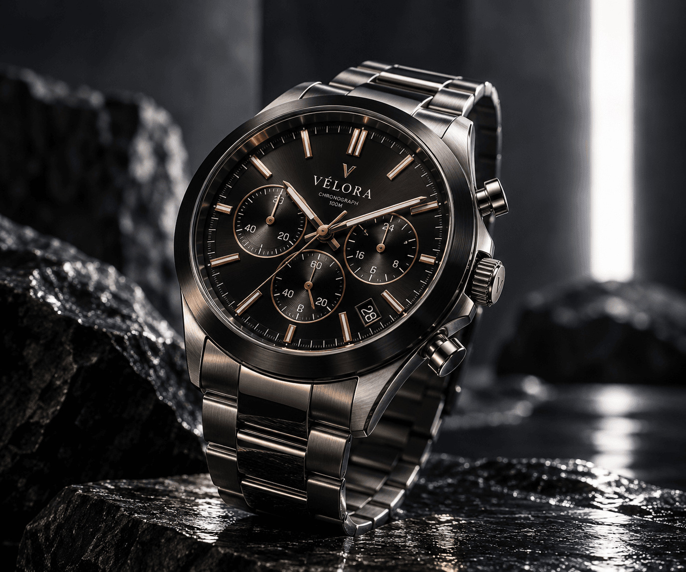 VÉLORA chronograph with a black sunburst dial and rose-gold accents, standing on wet black stone
